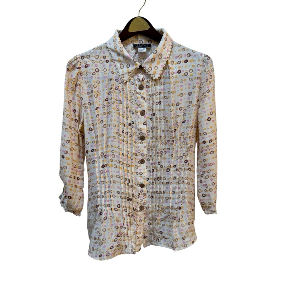 Peruvian Connection Silk Geometric Button Down Blouse Pleated Size‎ 14